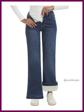 Fleece Lined High Rise Stretch Flare Jeans Bell Bottom Winter Pants